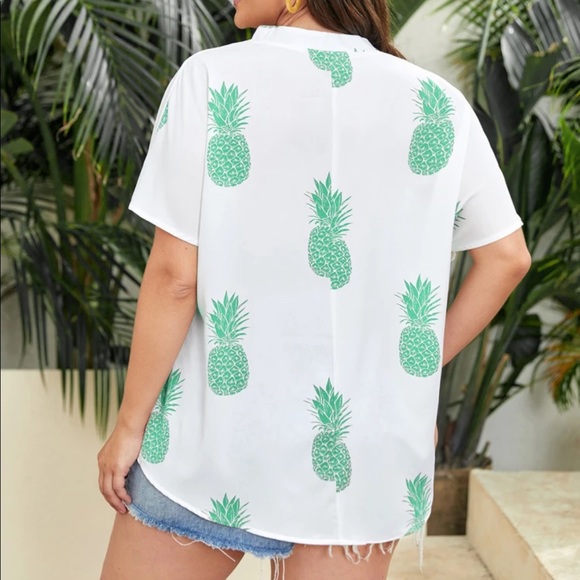 OkPlus Pineapple Print Notched Blouse white and green size 0x - Picture 2 of 6